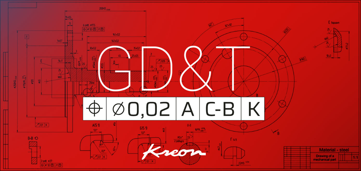 2D technical drawing on background. White GD&T title with a control frame in the center. Kreon logo